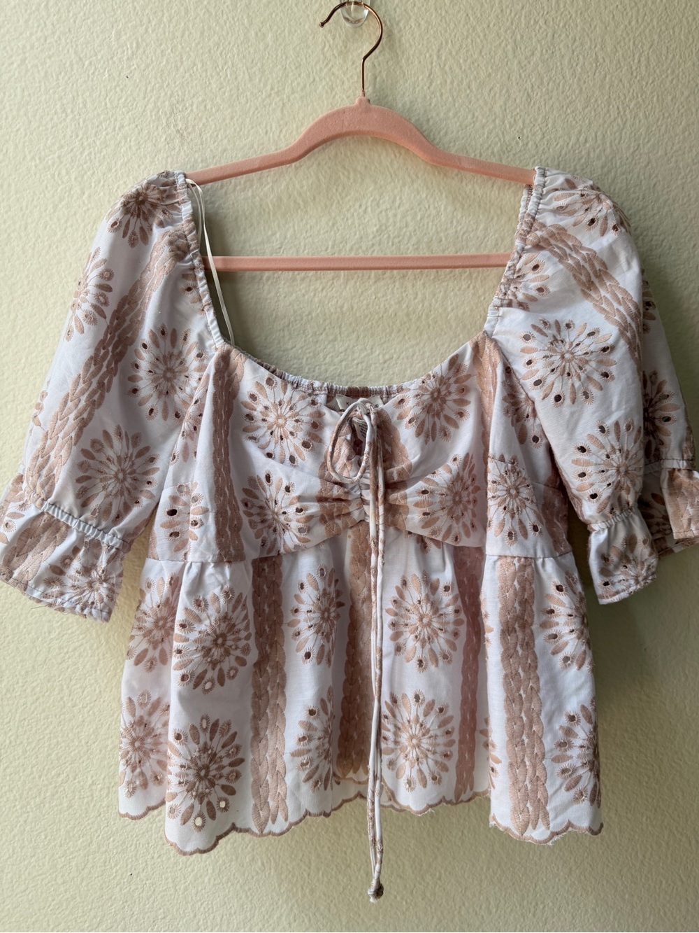 Kirious Los Angeles White Eyelet Boho Peasant Blouse Floral Embroidery XL
